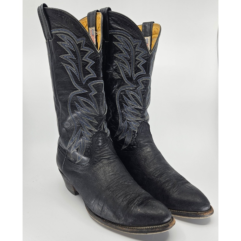 VTG 80s Nocona Boots Mens Black Leather Western Cowboy‎ Boots Made in USA Sz 10D